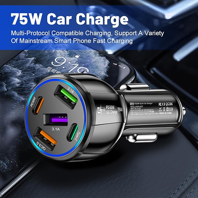 Upgraded Car Charger USB C with 5 Port,75W Cigarette Lighter Adapter with Type-C & QC 3.0 Ultra Fast Charging Port,Universal Car Charger Adapter for Navigator,Dash Cam (Black)