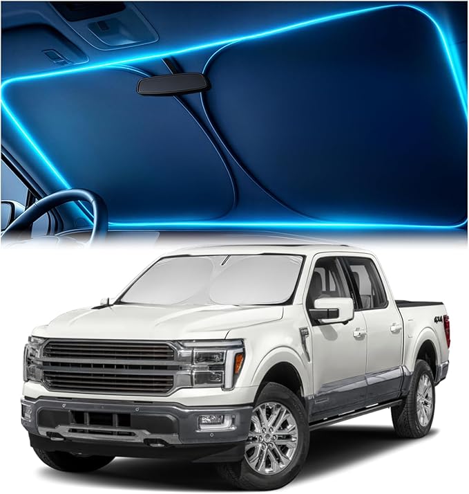 Windshield Sun Shade for Ford F-150 2021 2022 2023 2024 2025 2026 – Custom Fit Sun Shield with Mirror Cut‑Out, Blocks Heat & UV, Foldable with Storage Pouch - Ford F-150 Windshield Sunshade