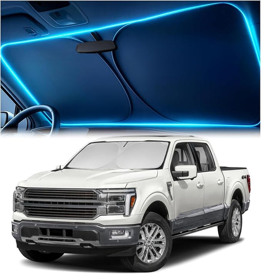 Windshield Sun Shade for Ford F-150 2021 2022 2023 2024 2025 2026 – Custom Fit Sun Shield with Mirror Cut‑Out, Blocks Heat & UV, Foldable with Storage Pouch - Ford F-150 Windshield Sunshade