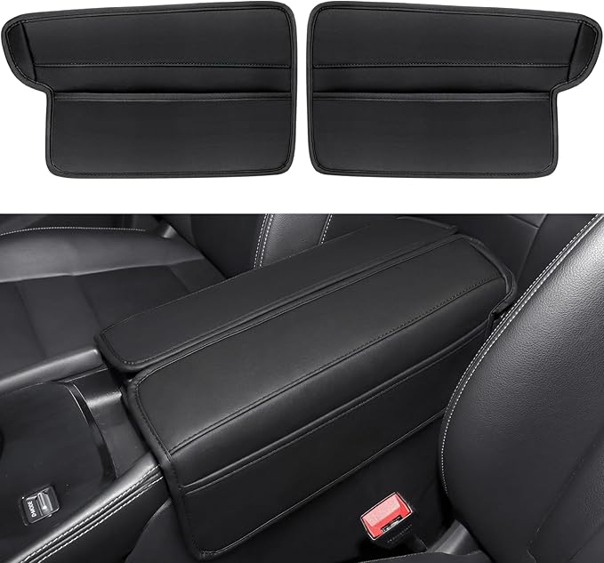 Center Console Armrest Cover for Nissan Rogue 2021-2026, Middle Console Pad Lid Cover Protector Elbow Arm Rest with Side Pockets, Rogue Interior Accessories, PU Leather (Black Stitches)