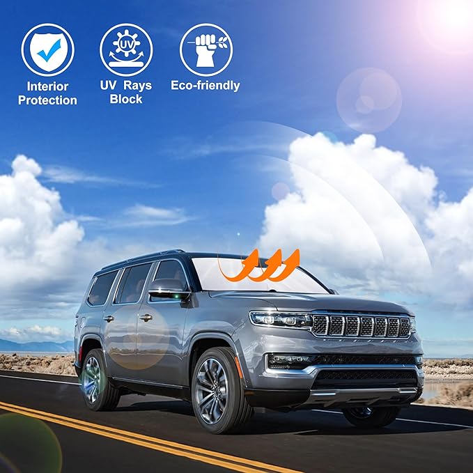Windshield Sun Shade Custom Fit for 2022 2023 2024 2025 2026 Jeep Wagoneer (NOT for Grand Wagoneer) Accessories Foldable Sunshade Sun Blocker Protect Car from Sun Rays & Heat Damage Keep Car Cooler