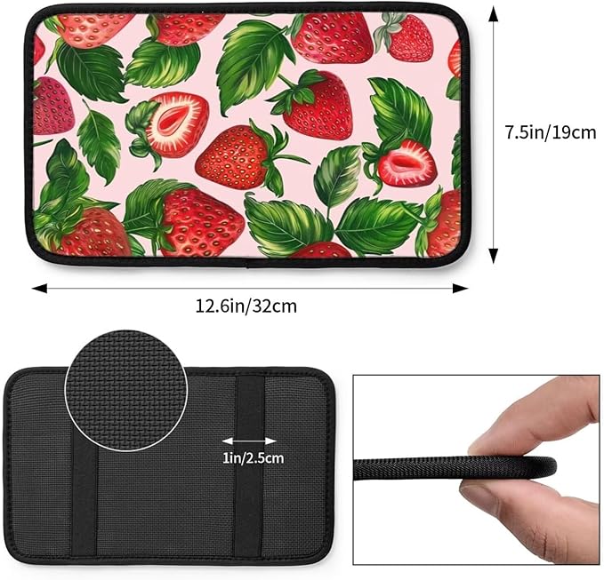 Car Center Console Cover Cute Strawberry Print Armrest Box Lid Protector Cover Pink Arm Rest Cover for SUV Truck Van Sedans Armrest Cushion Pad
