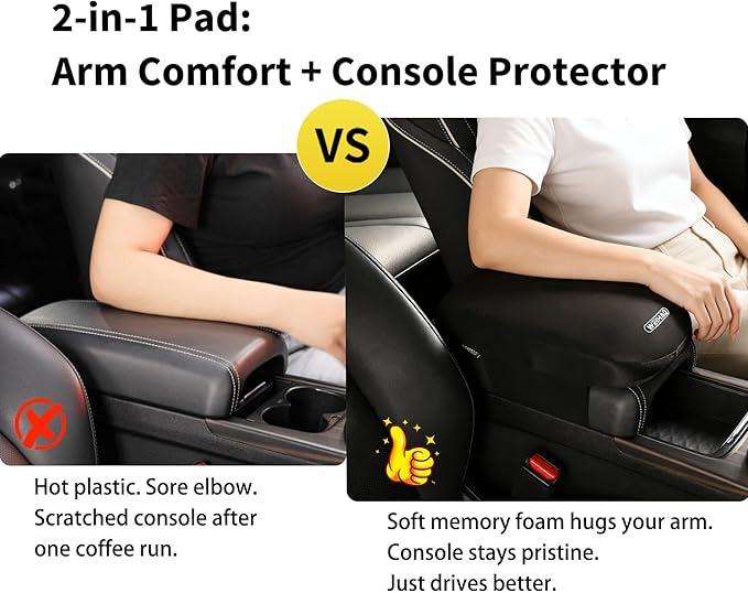 Soft Memory Foam Car Armrest Cushion Pad - Thick 12.6x7.5x2 inch, Washable Polyester Fabric Arm Rest Cover Pad, Thick Center Console Cover Cushion for Cars, Sedans, SUVs, most Vehicles (Black-1PC)