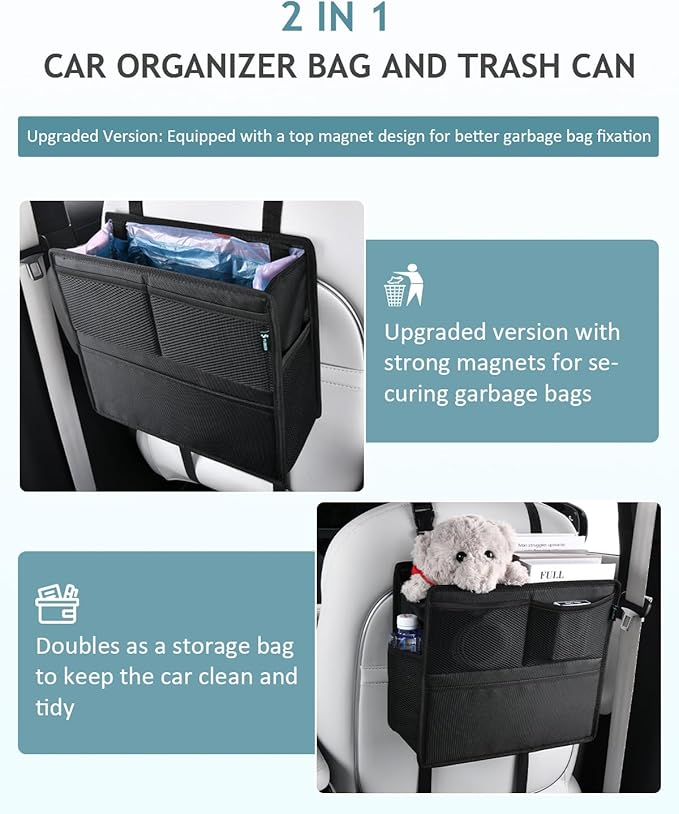 FLORICH 2-in-1 Car Backseat Organizer & Trash Can, Waterproof Hanging Organizer with Storage Pockets for Car Truck SUV
