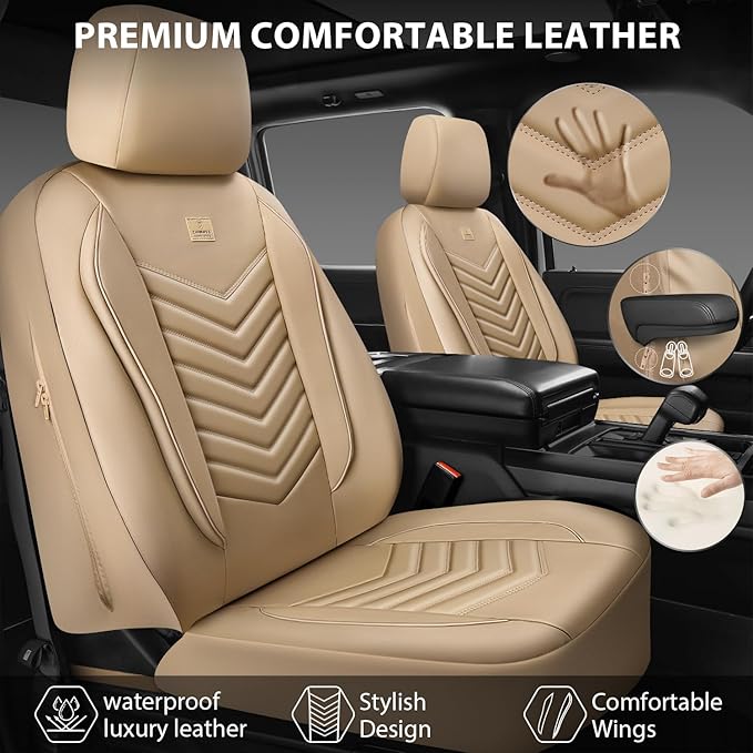 CAR PASS 3D Foam Faux Leather Car Seat Covers Full Set,Waterproof Tan Leather Seat Cover for Cars,Luxury Universal Fit Anti-Slip for SUV Truck Sedan Automotive,Armrest Airbag Compatible,All Beige