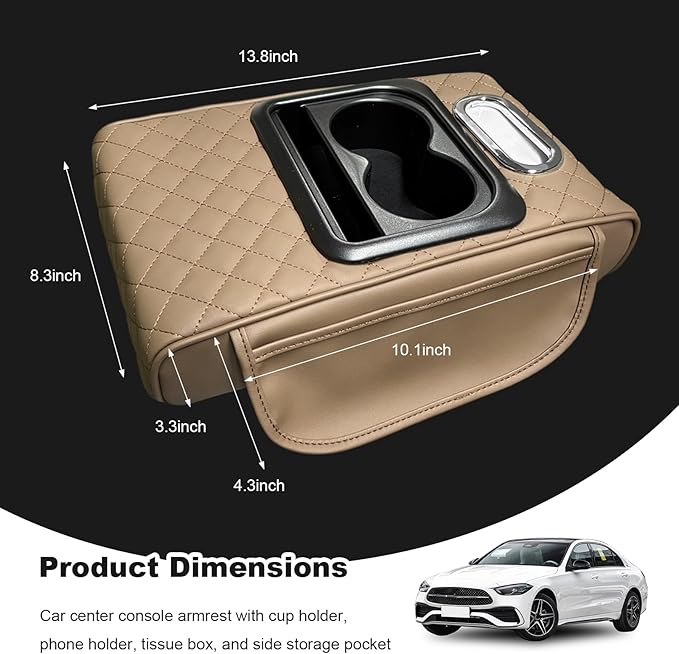 Car Center Console Armrest Pillow, Multifunctional Armrest Box Cover with Cup Phone Tissue Holder & Side Pockets, Waterproof Leather Middle Console Cushion for Most Vehicles (Beige, Embroidered)