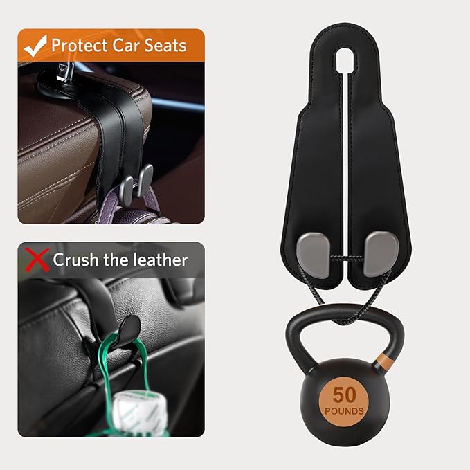 CoBak Purse Hook for Car - Universal Premium Stitched Leather and Aluminum-Magnesium Alloy Double Car Seat Back Storage Hook for Purses, Handbags, Bags (4 Pack),Black