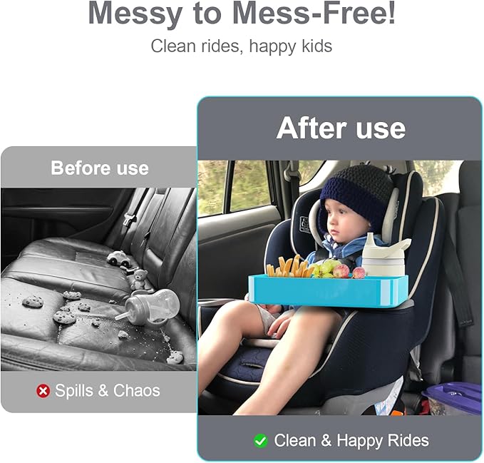 Car Seat Snack Tray for Toddlers - 3 Inch Cup Holder Fits Most Sippy Cups & Straw Bottles with Dip Well, Mess-Free Square Kids Travel Tray Road Trip Essentials, Sky Blue