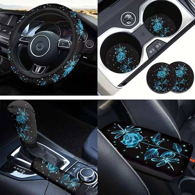 Blue Rose Print 6pcs Car Steering Wheel Cover Set for Men Women Dragonfly Cup Coaster Handbrake Gear Cover Armrest Cover Fits Most Cars Trucks Vans SUV