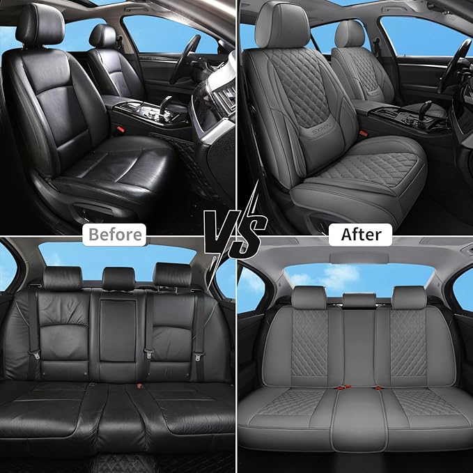 Car Seat Covers Full Set Grey, Luxury Faux Leather Car Seat Covers Waterproof Non-Slip Seat Protector Universal Fit for Most Cars SUVs Trucks Pick-ups,Car Accessories for Front Seats and Back