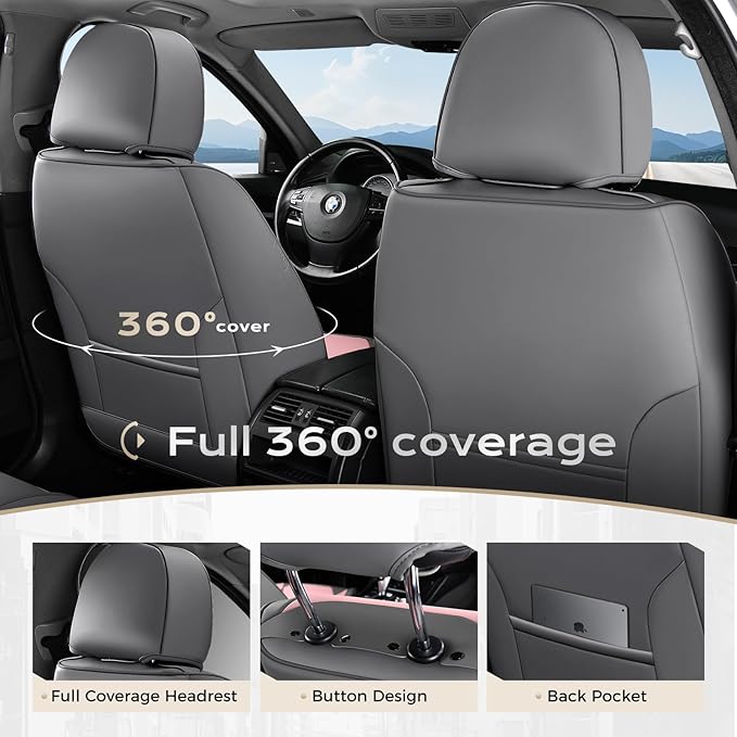 Coverado Car Seat Covers Full Set, Nappa Leather Seat Covers for Cars, Car Seat Protector Car Seat Cushion, Front and Back Seat Protectors Cushions Universal Fit for Most Cars Vehicles(Gray&Pink)