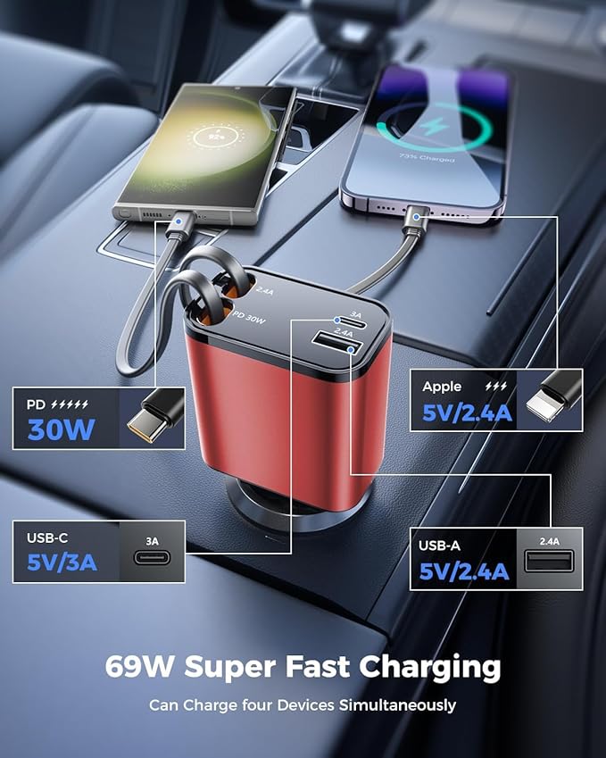 [Upgraded] 4 in 1 Retractable Car Charger, SUPERONE Smaller Fast Car Phone Charger 69W with Cord, USB C and iPhone Car Charger Adapter, Compatible iPhone 17/17 Pro Max/16/15/14/13/12/11, Sumsung