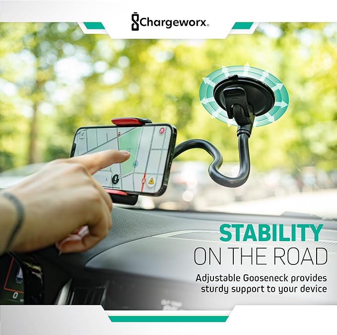 CHARGEWORX Adjustable Windshield Phone Mount for Cars, 14.75” Flexible Gooseneck Cell Phone Holder with Suction Cup, Anti-Slip Clamp Grip, 360-Degree Rotation for iPhone & Samsung