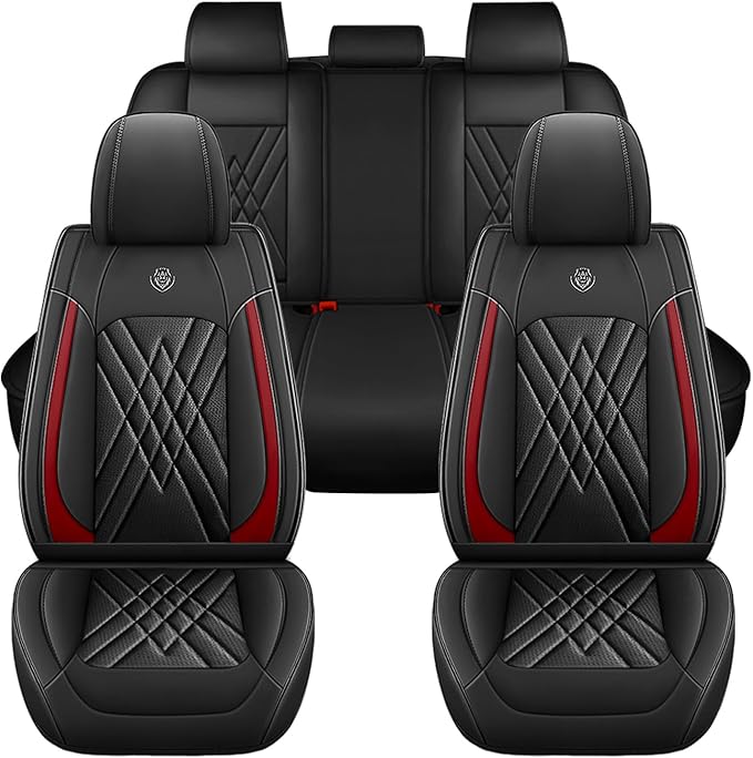 Car Seat Covers Compatible with Toyota Camry 2012-2026 Durable Waterproof Automotive Seat Covers Stretchable Fabric Material, Airbag Compatibility, Premium Nappa Leather(Black Red, Full Set)