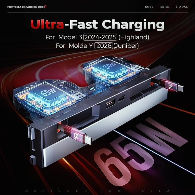 Upgrade 65W USB Charger Hub for Tesla Model 3 Highland 2024-2025 & New Model Y Juniper 2026 Accessories 4-Port Retractable Phone Charger 2 Type-C Fast Charging Cables USB Hub – Center Console