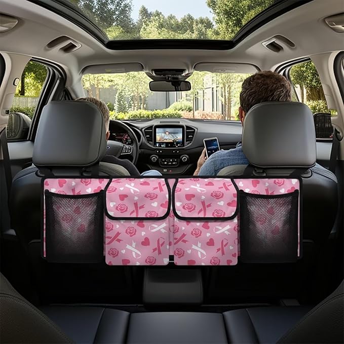 Pink Ribbon Roses Car Trunk Organizer Bag Car Back Seat Storage Bag with 4 Pockets Automotive Interior Accessories for SUV MPV Sedans Pickup Jeep Trucks