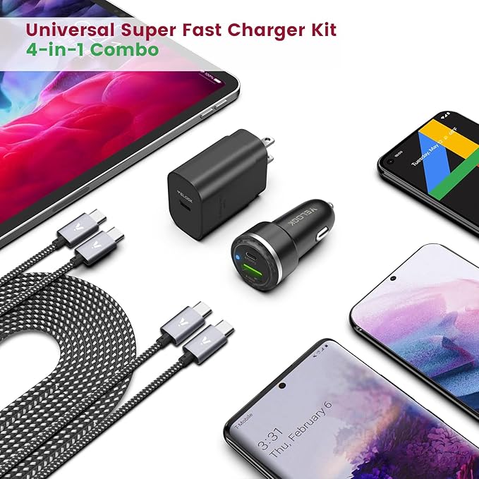 Super Fast Charger Type C Kit, VELOGK 25W PD PPS USB C Wall/Car Charger for Samsung Galaxy S26/S25/S24/S23 Ultra/S23+/S23/S22/S21/S20/Plus/Ultra/FE, iPad, with 2X Nylon USB C-to-C Cable(10ft+3.3ft)