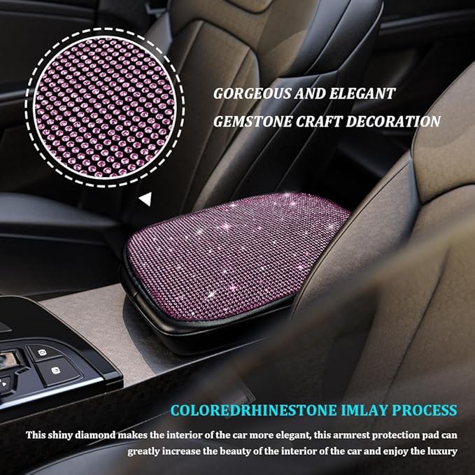 Bling Car Center Console Cover, Car Armrest Cover, Diamond Rhinestone Auto Center Console Cover Protector, Universal Arm Rest Cushion Pads Car Interior Accessories for Vehicles, SUVs (Pink)