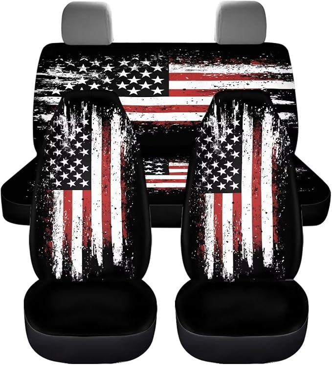 KEIAHUAN 4th of July Car Seat Cover Full Set American Flag Patriotic Breathable Car Front Seat Cover and Rear Bench Cover Set of 4