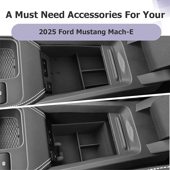 LUWU 2025 Mustang Mach E Center Console Organizer for 2025 Ford Mustang Mach E Select/Premium/GT Accessories Armrest Console Storage Box Glove Organizer Tray Silicone Material 2-Pack (Black)