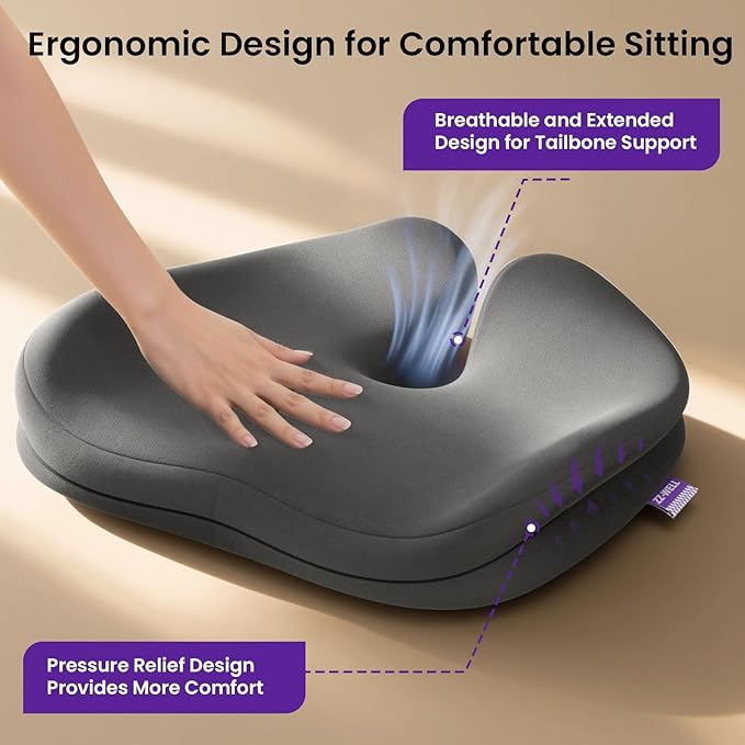 Seat Cushions for Office Chairs, Car Seat - Patented Coccyx Cushion for Tailbone Pain - Memory Foam Butt Cushion for Pressure Relief - Carry Handle & Non Slip Bottom (Grey)