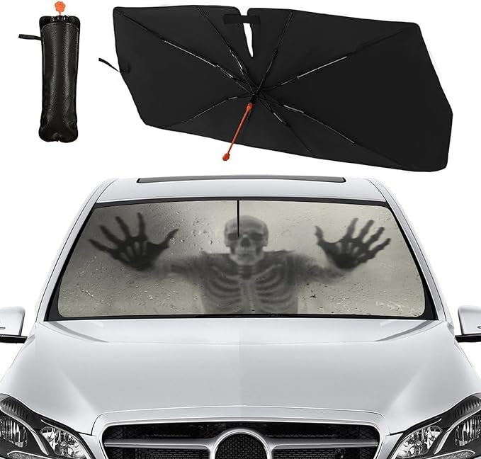 Socira Ghost Skull Car Windshield Sunshade Umbrella Foldable Horror Umbrella Funny Sun Shade Windshield Cover Creepy Skeleton Sunshade Skull Car Accessories Keeps Cool (57" X 30")