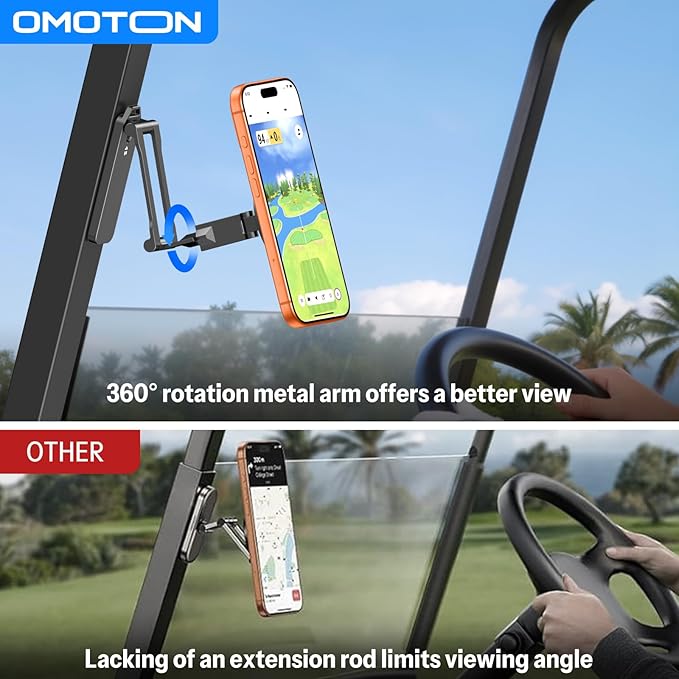OMOTON CV08 Magnetic Golf Cart Phone Mount with [1/4” Screw + 5.6” Extendable Arm], 360° Rotatable Holder, Strong Magnets for iPhone & Samsung, Fits EZ-GO/Club Car, Includes Pouch & Strap (Black)