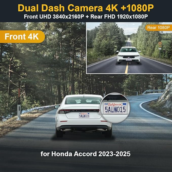 Fitcamx Front 2160P+Rear 1080P Dash Cam for Honda Accord 2023-2025 Hybrid EX LX Sport Touring EX-L (Gen11), OEM Style, Dual HD Video, Loop Recording, WiFi & APP, G-Sensor, Easy to Set, 128GB Card