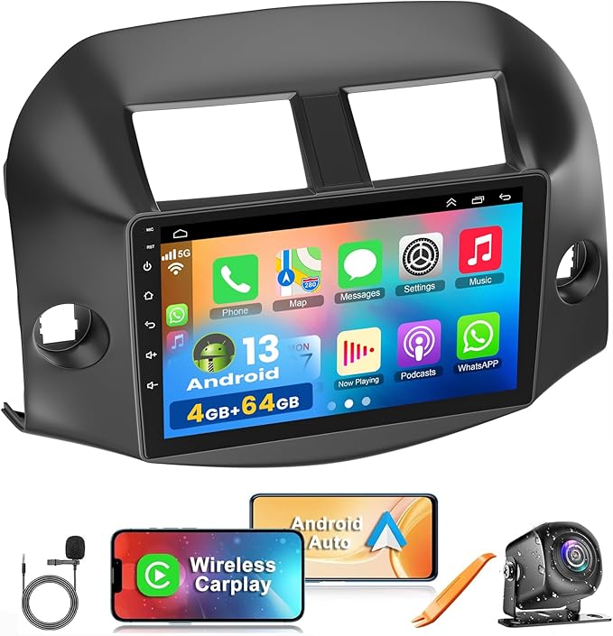 4G+64G Car Radio Stereo for Toyota RAV4 2007-2012, Wireless Carplay&Android Auto with Android 13 Support Bluetooth/Voice Control/GPS/WiFi/Back-up Camera/SWC/FM, 10 Inch IPS Touch Screen