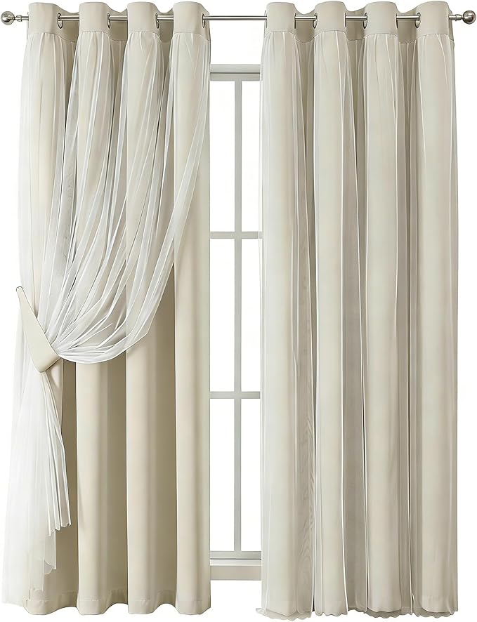 Bujasso Beige 80% Blackout Curtains with Sheer Overlay Mix and Match Double Layer Thermal Insulated Window Panels 102 inch for Living Room Bedroom Beige Drapes with Tiebacks Grommet Top 54" Wx102 Lx2