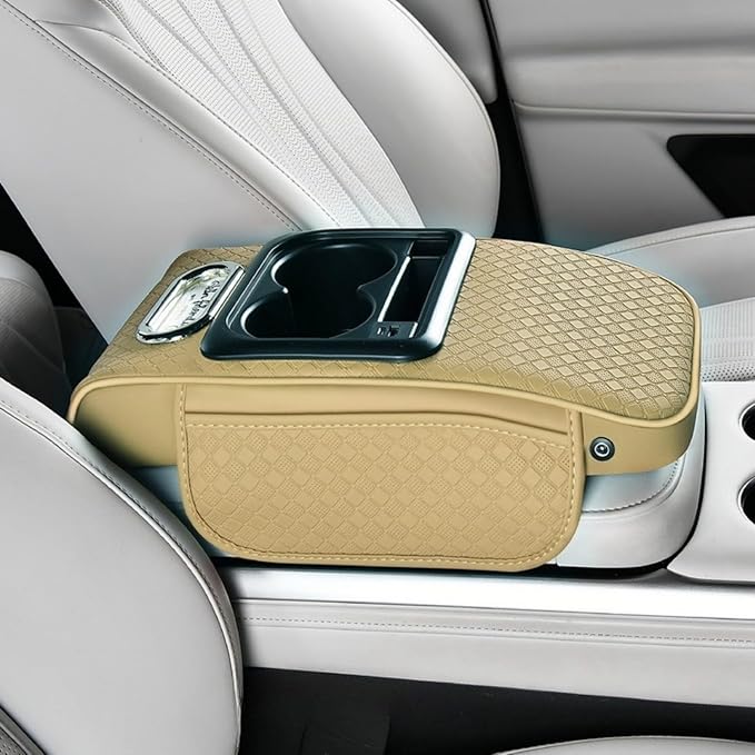 2026 Enhanced Car Center Console Armrest Cushion with USB& Type-C Charging, PU Leather Console Pad with Cup Holders, Storage& Tissue Outlet for Most Vehicles (Sloped Version, Beige)