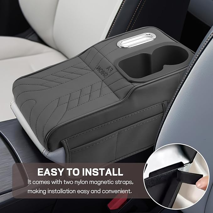 Car Center Console Armrest Pillow, 13.4"×7.5"×2" Leather Auto Arm Rest Cover with Pocket & Tissue Box & Cup Holder, Multifunctional Vehicle Armrest Cushion Pad, Car Accessories (Gray)