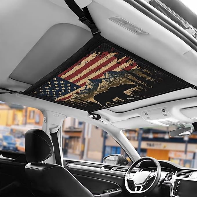Generic American Flag Bear Car Ceiling Cargo Net-Fits Cars with Four Handles,Non-Blocking Rearview Mirror,Double-Layer Interior Roof Cargo Bag for Travel Road Trips and Car Camping 31.69"x24.02"