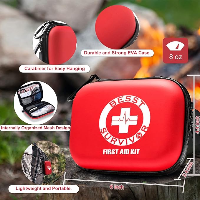 Besst Survivor Mini First Aid Kit -Small Waterproof Hard Shell Medical Kit with Compartments for Camping, Hiking, Car, Home, Office, School - Vehicle & Outdoor Emergency Medical Kit (Red)