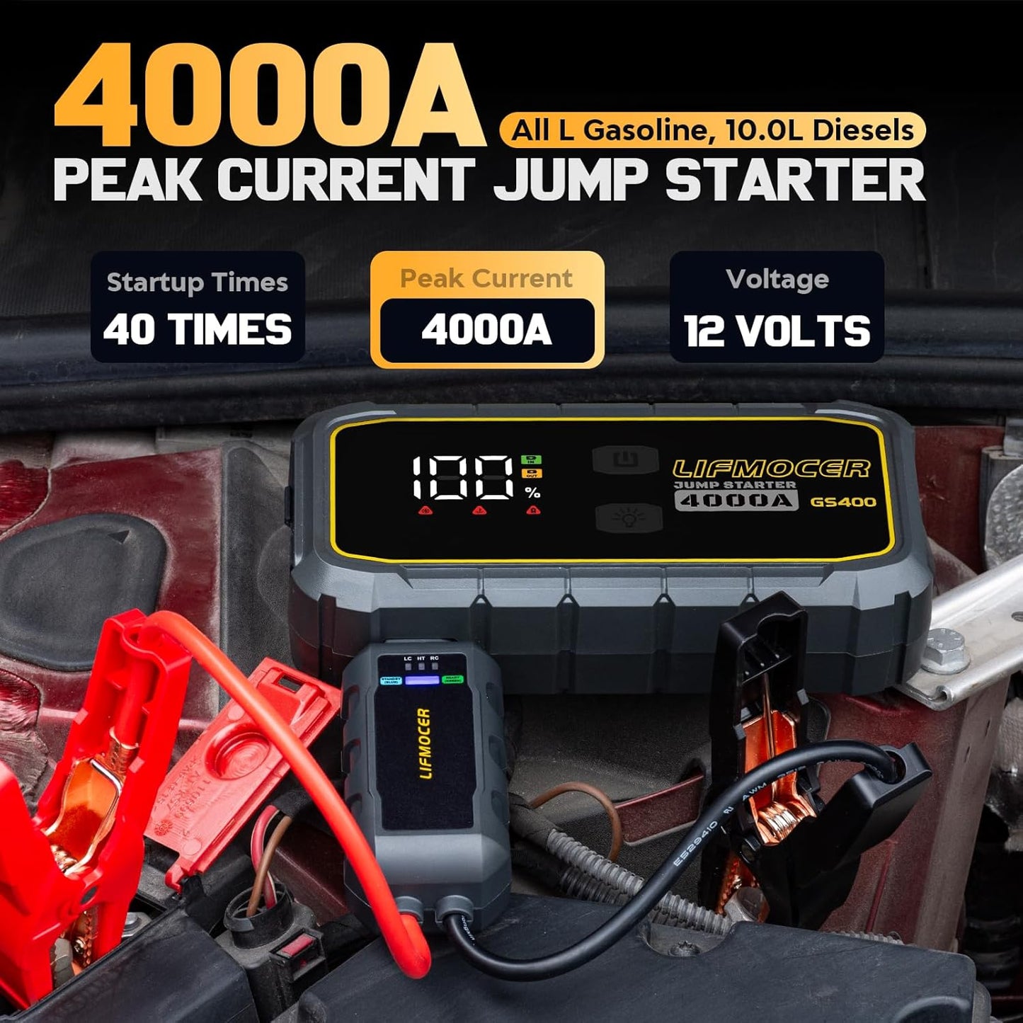 GS400 Jump Starter - 4000A Car Battery Jump Starter for Up to 12.0L Gas and 10.0L Diesel Engines, 12V Portable Jump Box with Storage Case USB Quick Charge, and LCD Display