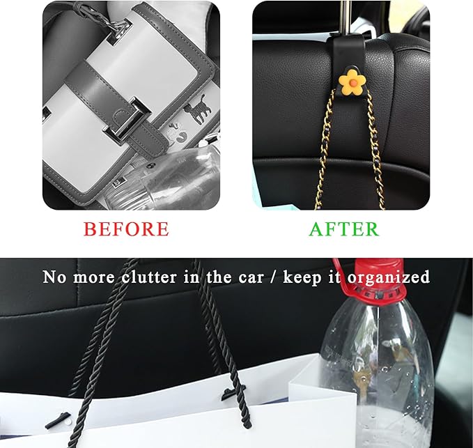 4 PCS Car Seat Headrest Hook, Plastic Headrest Hooks with Adhesive Flower, Auto Back Seat Hanger Storage Hook for Grocery Bag Purse Handbag Umbrella, Car Accessories (Dark Yellow)