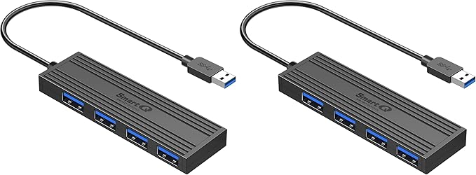 SmartQ 4-Port USB 3.0 Hub, High-Speed Data Hub, USB Port Expander for Laptop, PC, iMac, Surface Pro, XPS, Flash Drives, Mobile HDD, and More (Slim USB 3.0 Hub - 0.5 ft) (Pack of 2)