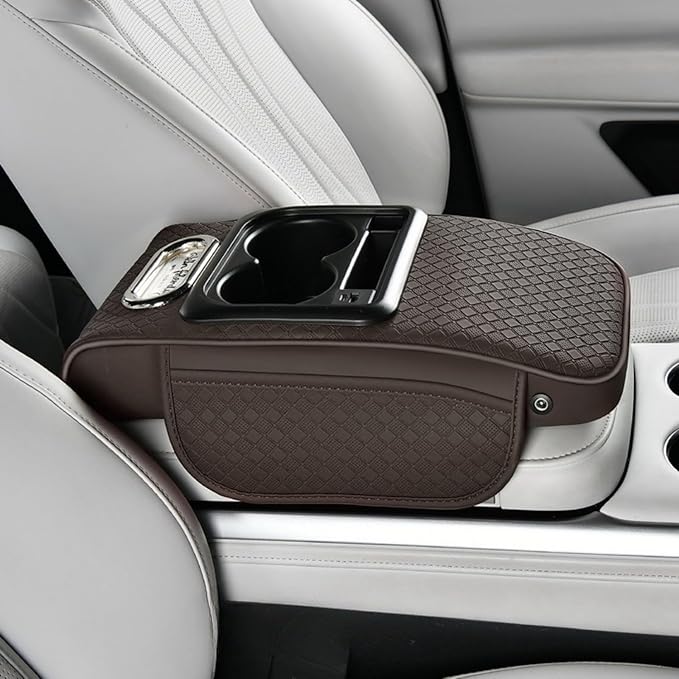 2026 Enhanced Car Center Console Armrest Cushion with USB& Type-C Charging, PU Leather Console Pad with Cup Holders, Storage& Tissue Outlet for Most Vehicles (Sloped Version, Coffee)