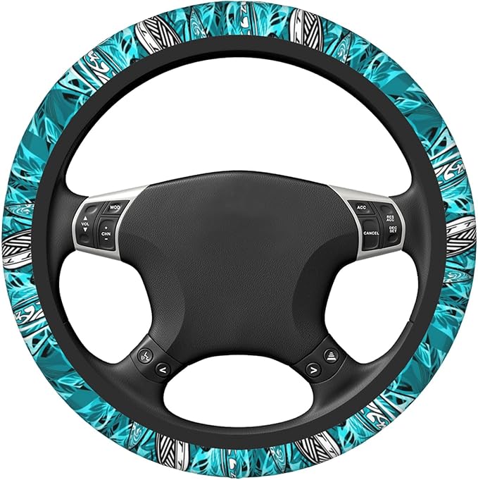 Hawaiian Teal Ocean Tribal Car Steering Wheel Cover for Women Men Stretch Cloth Anti-Slip Wrap Protector Case Fit Universal Auto Accessories Decor Sweat Absorption 14-15 Inch