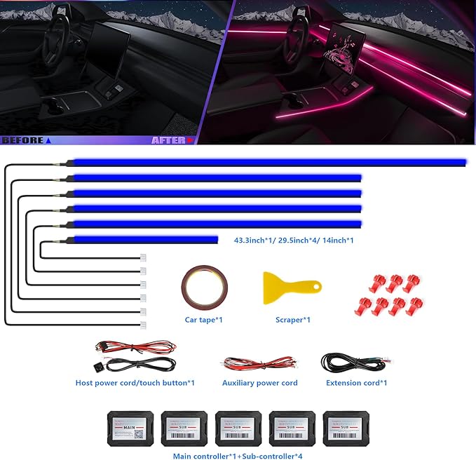 Acrylic Interior Car LED Strip Light with APP, RGB 6 in 1 with 175 inches 600 LEDs Fiber Optic Ambient Lighting Kits, 16 Million Colors Sound Active Function Car Neon LED Strip for Car