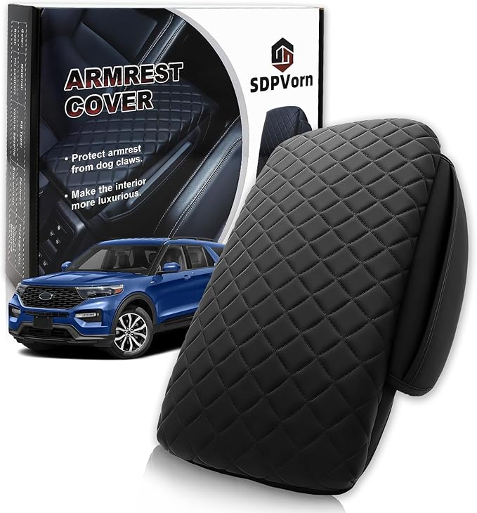 Center Console Cover for Ford Explorer Arm Rest Lid, Diamond Quilted Armrest Pad with 1-Inch Comfort Lift (2020-2026)
