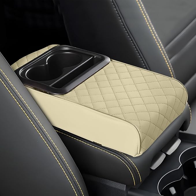 Car Center Console Armrest Pillow, 13.19"×7.87" Leather Car Arm Rest Cover, Memory Foam Auto Armrest Cushion with Cup Holder Phone Slot, Universal Vehicle Middle Console Cushion Pad (Beige)