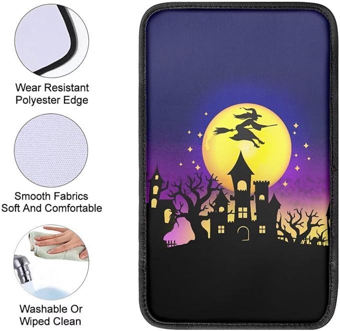 Halloween Moon Witch Car Armrest Pads Car Armrest Cushion Arm Rest Covering Car Middle Console Covers Non Slip Universal Fit for Truck Auto SUV Car Accessories