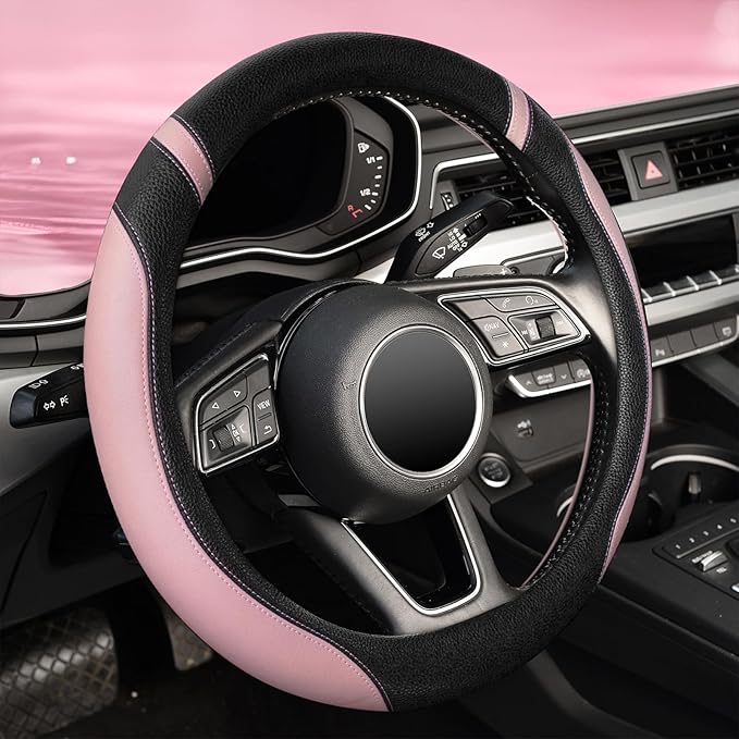 ZHOL Steering Wheel Cover for Women, Breathable Microfiber Leather Car Steering Wheel Protector, Non-Slip Universal Fit for Most Cars(Pink)