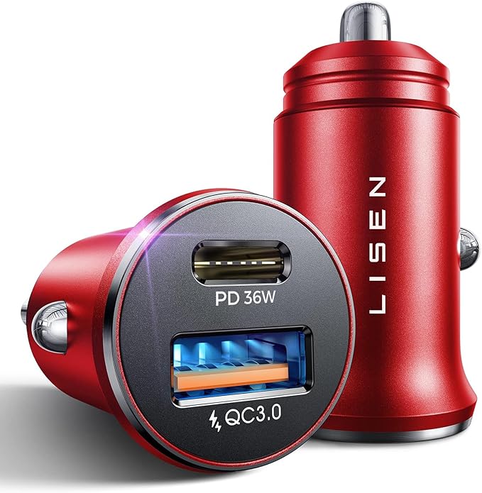 LISEN 2-Pack USB C Car Charger Adapter Fast Charge, 48W All Metal Cigarette Lighter USB Charger for iPhone 15 Smallest Flush Car Charger USB C for iPhone 14 Pro Max 13 12 Galaxy S23/22 iPad Pro-Red