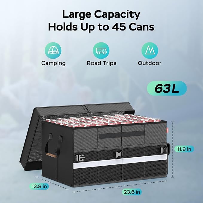 Cooler Bag – Soft Travel Cooler Holds 45 Cans, Stays Cold for 8H & Warm for 6H – Portable Car Trunk Organizer for Camping, Beach, Picnic