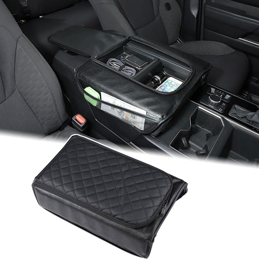Car Center Console Armrest Cover Compatible with Toyota Tundra 2022+ Sequoia 2023+, Leather Middle Console Cushion Lid Pad Anti-Scratch Armrest Seat Box Protector Cover With Pocket/Zipper Accessories