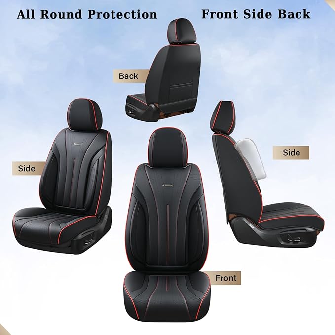 Coverado Car Seat Covers Full Set, Leather Seat Covers for Car, Waterproof Seat Covers, Automotive Seat Cushions, Breathable Car Seat Protector Universal for Most Sedans, Trucks, SUV (Black &Red Line)