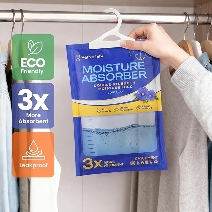 Moisture Absorbers and Humidity Absorber Bags for Closet - 10 Pack High-Efficiency Moisture Absorber and Humidity Packs for Home, Moisture Bags and Dehumidifier Bags for Car Blue Flax, 10 Pack