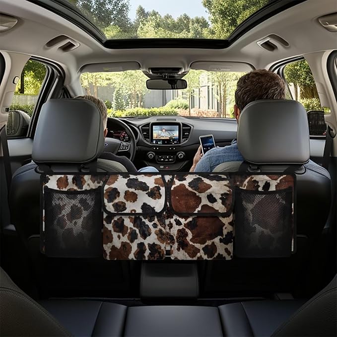 Cow Car Trunk Organizer and Storage, Backseat Hanging Organizer for SUV, Truck, MPV, Waterproof, Collapsible Cargo Storage Bag with 4 Pockets